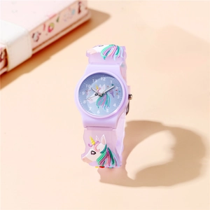 Kids Quartz Watch Unicorn Theme Relief Silicone Strap Analogue Display Cartoon Style Girls Students