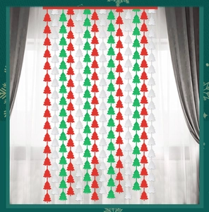 Vertical detail of red, green, and white Christmas tree fringe curtains on white backdrop