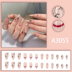 Almond-shaped press-on nails with Chinese bamboo art and nude pink finish, 24-piece set