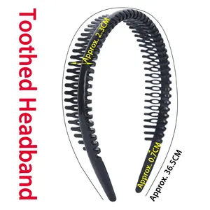 Detail view of a black toothed plastic headband showing fine comb structure and dimensions