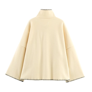 Elegant beige high-neck wool coat for women with decorative black stitched edges