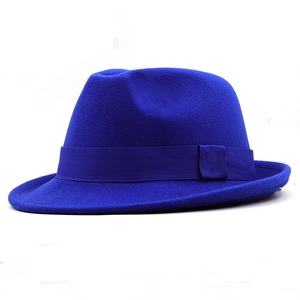 Detailed view of royal blue wool fedora hat featuring matching grosgrain ribbon bow