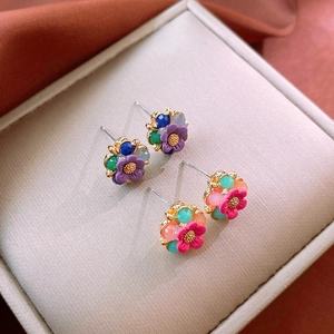 Sweet Flower Stud Earrings Alloy Colorful Artificial Crystal With Silver Earring Post Elegant Versatile Jewelry For Women