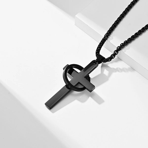 Minimalist black stainless steel cross and ring pendant necklace on box chain