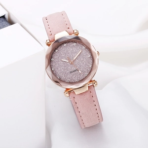 Women's starry sky watch with pink suede strap and rose gold rhinestone details