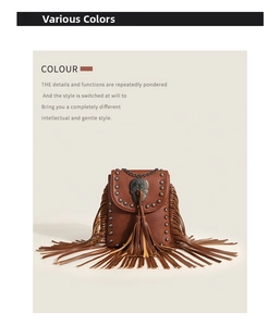 Detail view of brown pebbled leather bag with silver rivets, fringe and skull stud