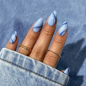 Blue Marble Stripe Press On Nails Almond Shape Glossy Elegant Artificial Fingernails For Women Ins Style Wave Pattern