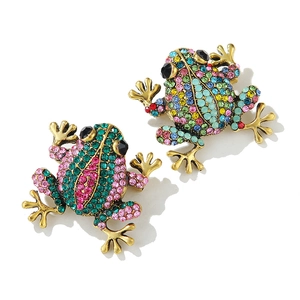Détail de jolies broches grenouille avec strass colorés sur une base en métal doré