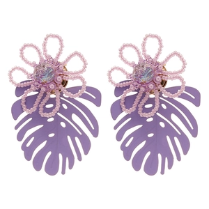 Exquisite purple beaded flower and monstera leaf drop earrings for a tropical style