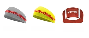 Three elastic headbands featuring baseball and football stitching patterns on a white background