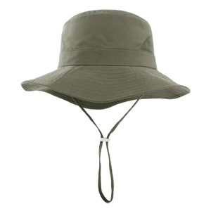 Detail of army green sun hat showing breathable mesh side panels and adjustable chin cord