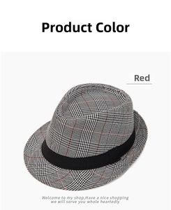 Detailed top view of a classic black and white plaid fedora hat with red accent lines