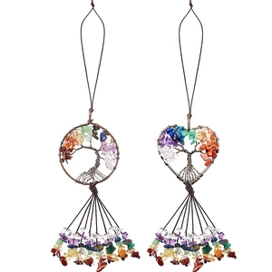 Tree of Life car charm with colorful chakra crystals in round and heart shapes