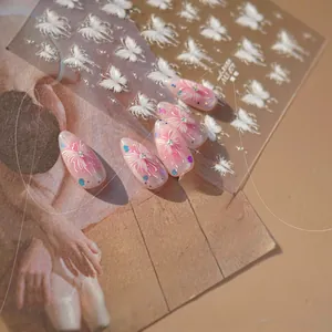 Detail of MS-321 white butterfly nail stickers with soft gradient finish and rhinestones