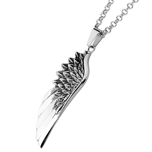 Detailed view of silver titanium steel feather pendant with intricate wing texture on O-chain