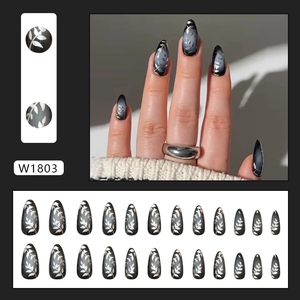 Dark gothic press-on nails with silver leaf patterns and long almond shape, 24-piece set