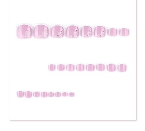 Pink French pedicure press-on nails with white tips and delicate flower rhinestones