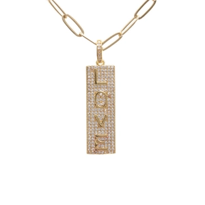 Gold LOVE pendant necklace with micro-pave diamonds and paperclip chain style