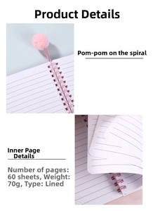 Detalle de encuadernación en espiral rosa con pompón y páginas internas rayadas
