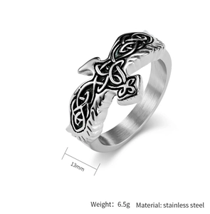 Macro detail of Nordic Viking eagle ring showing 13mm width and stainless steel material