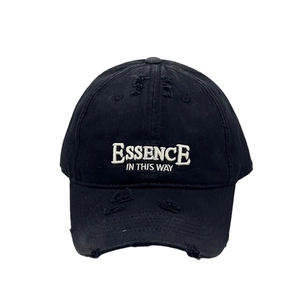 Distressed black cotton baseball cap with 3D embroidery and vintage ripped details