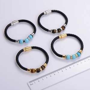 Braided leather bracelets with natural tiger eye and turquoise beads on stainless steel clasp