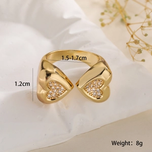 Detailed size view of an 18K gold plated heart open ring with weight and dimensions