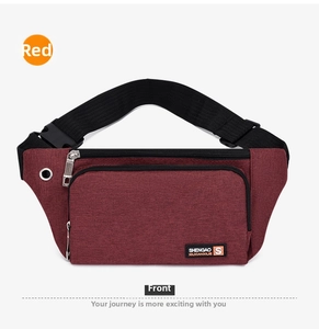 Front detail of red running belt bag featuring durable oxford fabric and zipper pocket