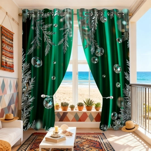 Detail view of dark green curtains with silver pine and diamond prints hanging on a rod