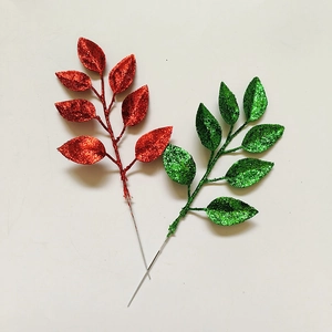 Artificial Christmas Leaf Branches Glitter Plastic Foil Foliage For Wreath DIY Festive Holiday Tree Decor Ornaments