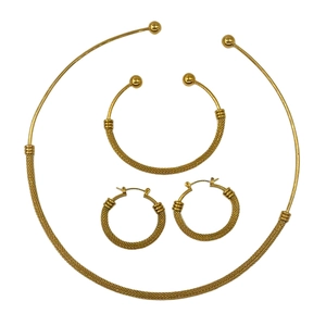 Golden mesh jewelry set with choker, bracelet, and earrings featuring round sphere ends