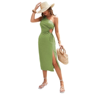 Green one-shoulder cutout A-line midi dress with waist drawstring and side split design