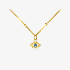 S925 silver golden long pendant necklace with marquise evil eye and blue gemstone