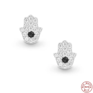 Detail of S925 sterling silver Hamsa Hand earrings with micro-pave white and black zircons