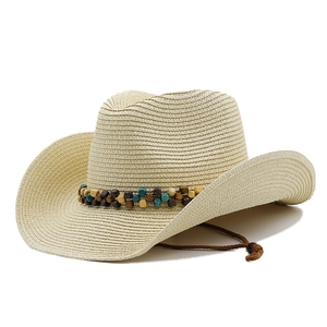 Beige straw cowboy hat with colorful wooden beads and adjustable chin strap