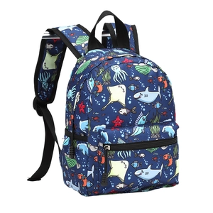 Blue 13-inch children backpack with ocean animal print and ergonomic shoulder straps