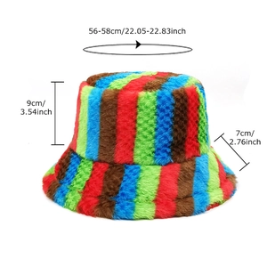 Rainbow striped faux rabbit fur bucket hat for women with size measurement details