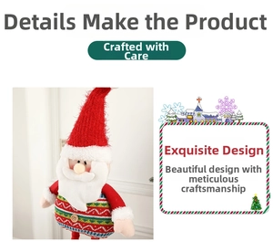 Detail of Santa Claus plush with red hat, white beard, and knitted geometric pattern
