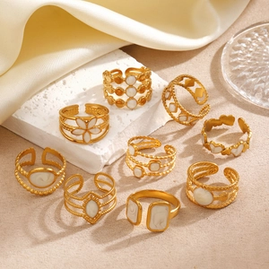 Bague Ajustable Ouverte En Acier Inoxydable Plaqué Or Avec Émail Blanc Bijoux De Mode Géométriques Coeur Fleur