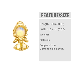 Detail view of gold mermaid stud earrings with dimensions 1.5cm by 0.8cm in a feature card