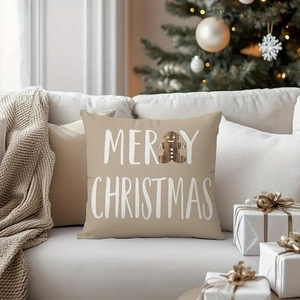 Khaki Christmas pillow cover with Gingerbread man and Merry Christmas text on sofa