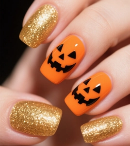 Macro di unghie di Halloween con faccia di zucca arancione e finitura glitter dorata