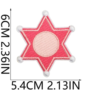 Detailed view of pink star embroidered patch with 5.4x6cm size measurement markings