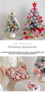 Detailed view of pink, gold, and red Christmas balls with mini snow-tipped trees