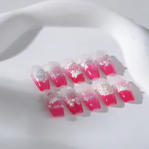 Detail of 3D white rabbit and blue bowknot on pink gradient handmade press-on nails