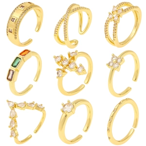 Luxury Gold Plated Copper Zirconia Adjustable Open Ring For Women Elegant Geometric Flower Cross V Shape Fashion Jewelry
