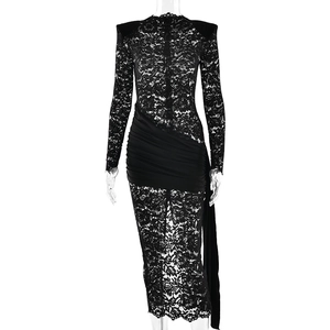 Sexy black lace long sleeve dress with asymmetric ruching and elegant trailing detail
