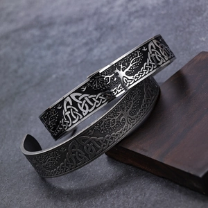 Silver tree of life stainless steel open cuff bracelet with Celtic knot patterns