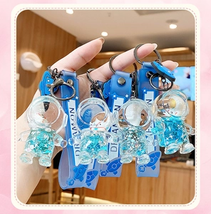 Detail of blue astronaut quicksand bottle keychain with silicone Doraemon strap and charms