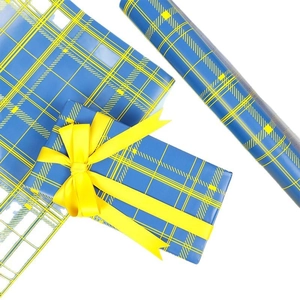 Blue and yellow plaid gift wrapping paper roll with matching yellow satin ribbon